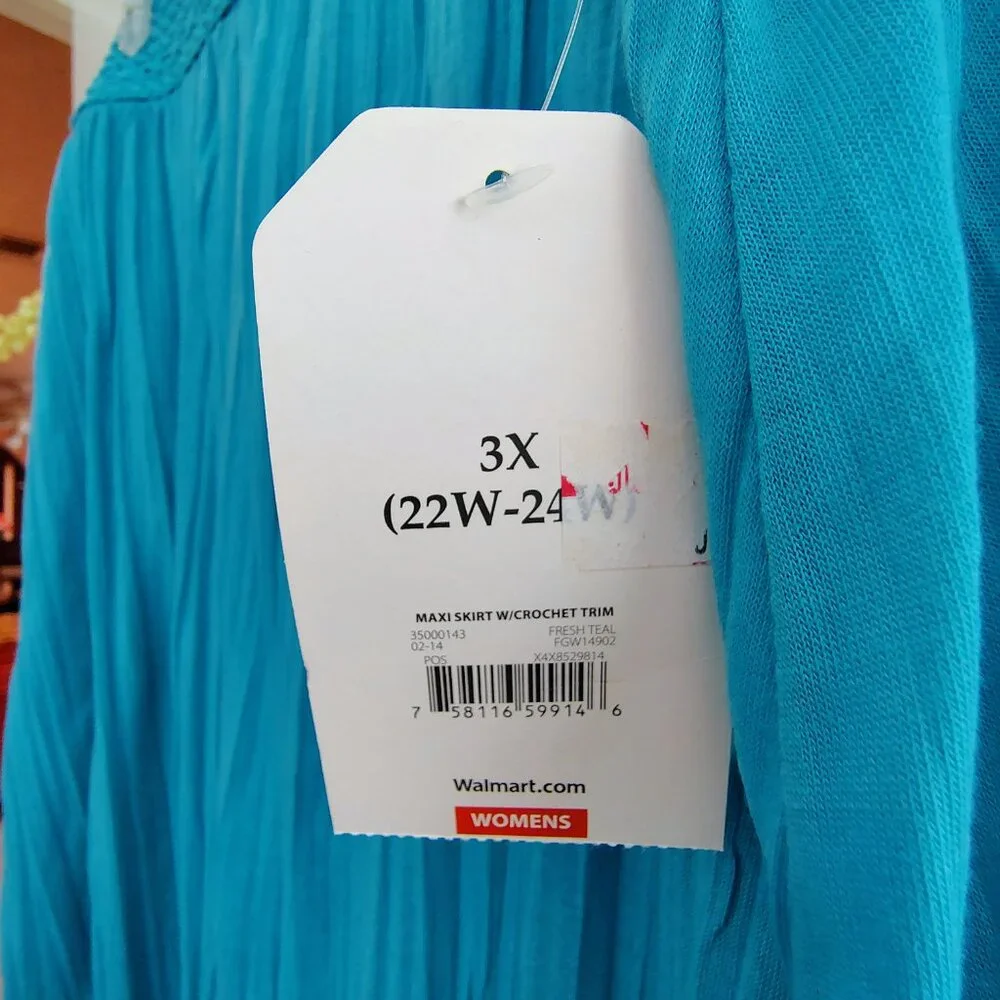 Faded Glory Maxi skirt in aqua blue with crochet trim waist (size 3X)